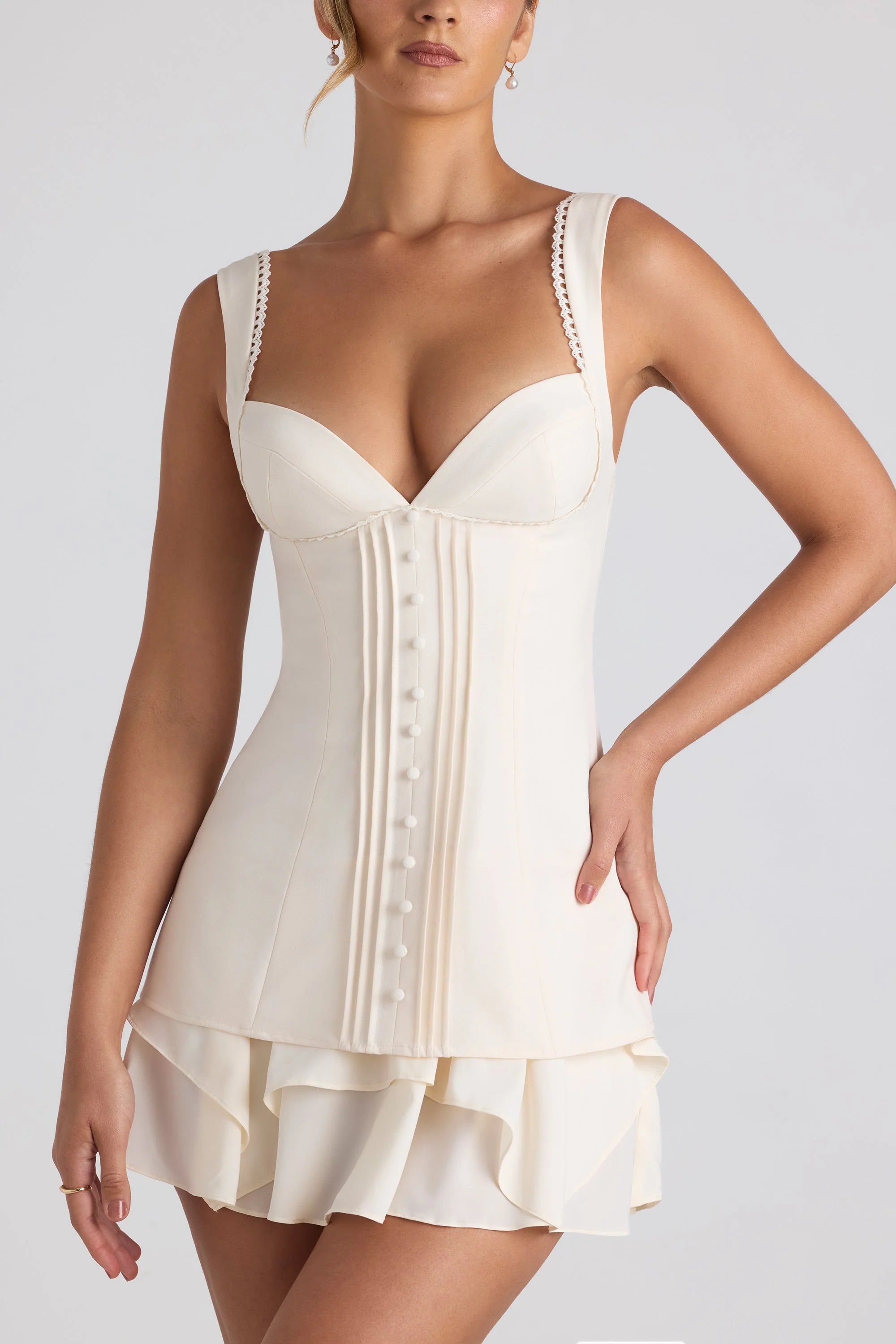 Ruffle-Trim Button-Detail Corset Mini Dress in Ivory