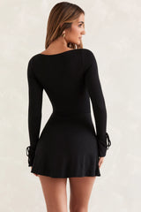 Square Neck Long Sleeve Mini Dress in Black