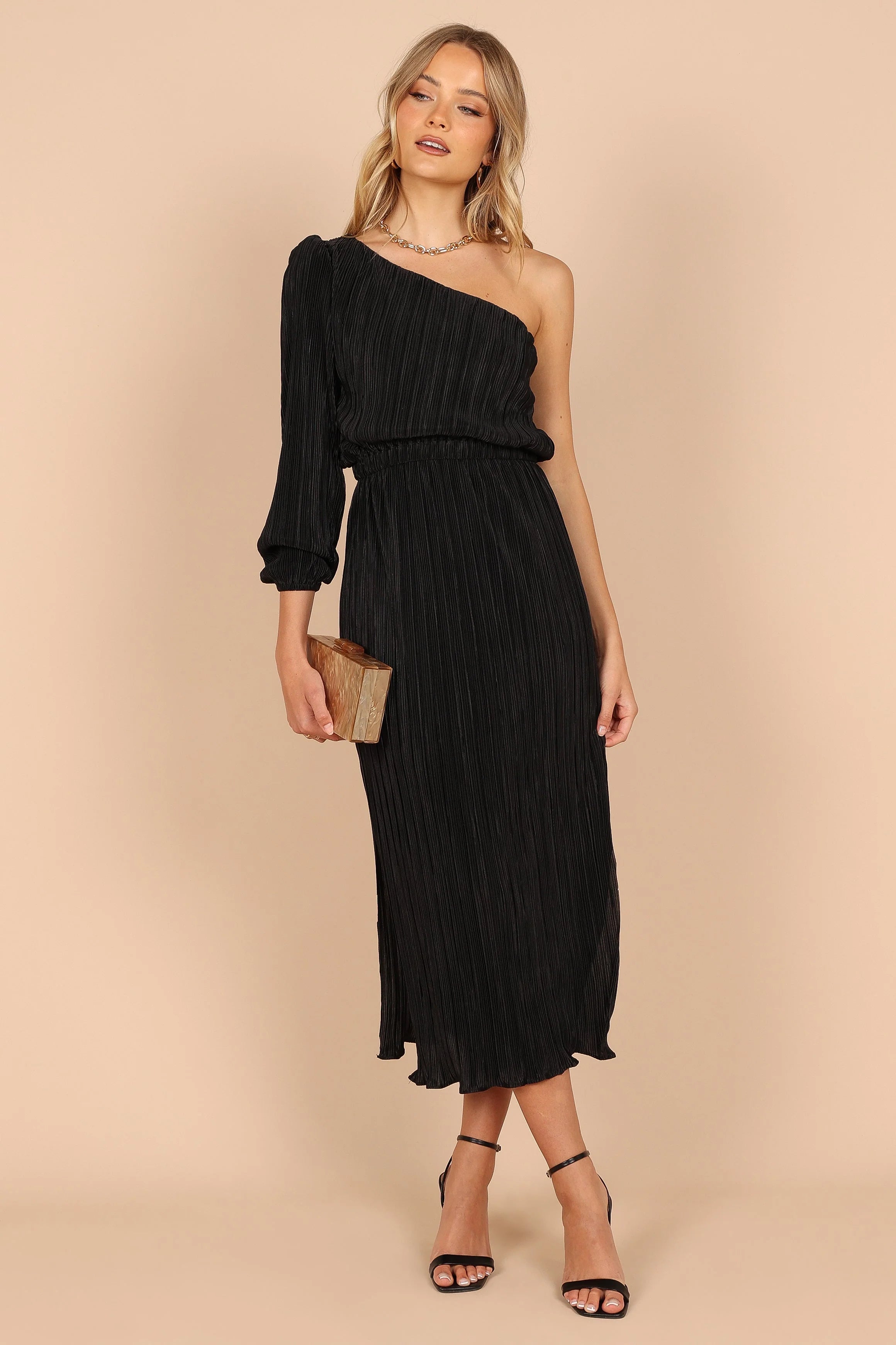 Pontee One Shoulder Pleated Midi Dress - Black