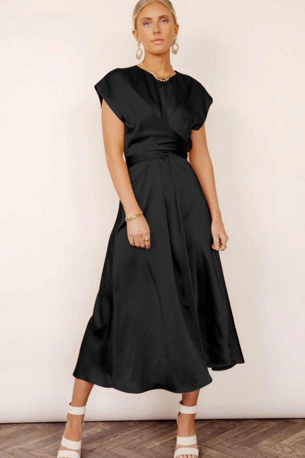 Satin Cap Sleeve Tie Back Midi Dress