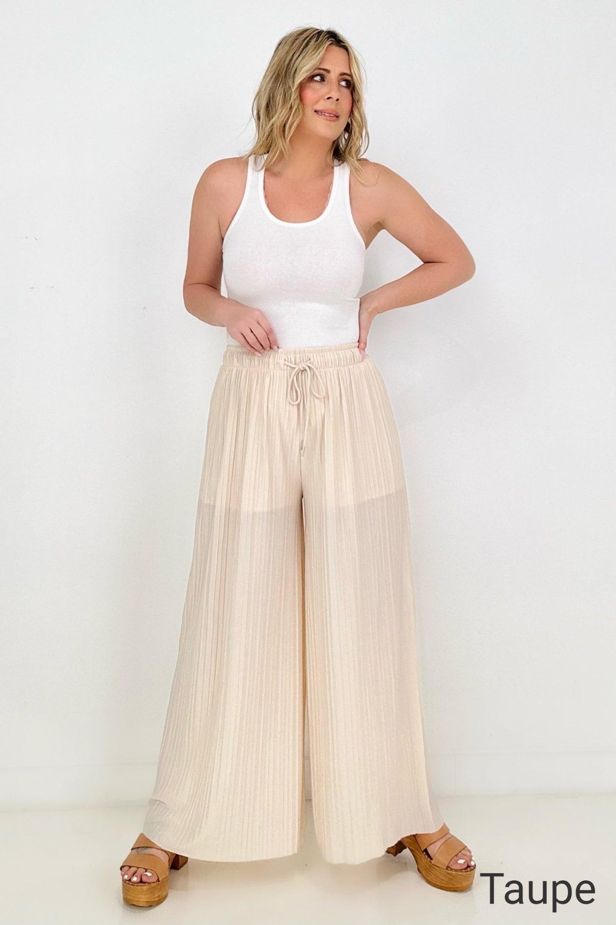 Woven Pleated Wide Leg Pants With Lining