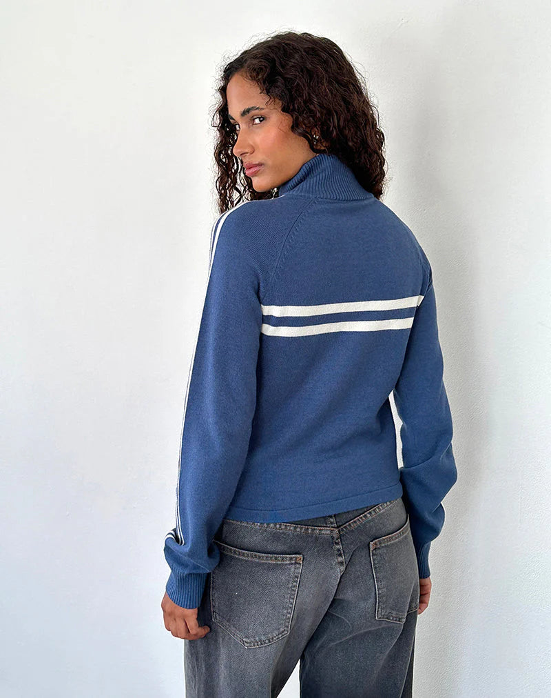 Talisa Sporty Zip Through Jacket In Navy with Ivory Stripes