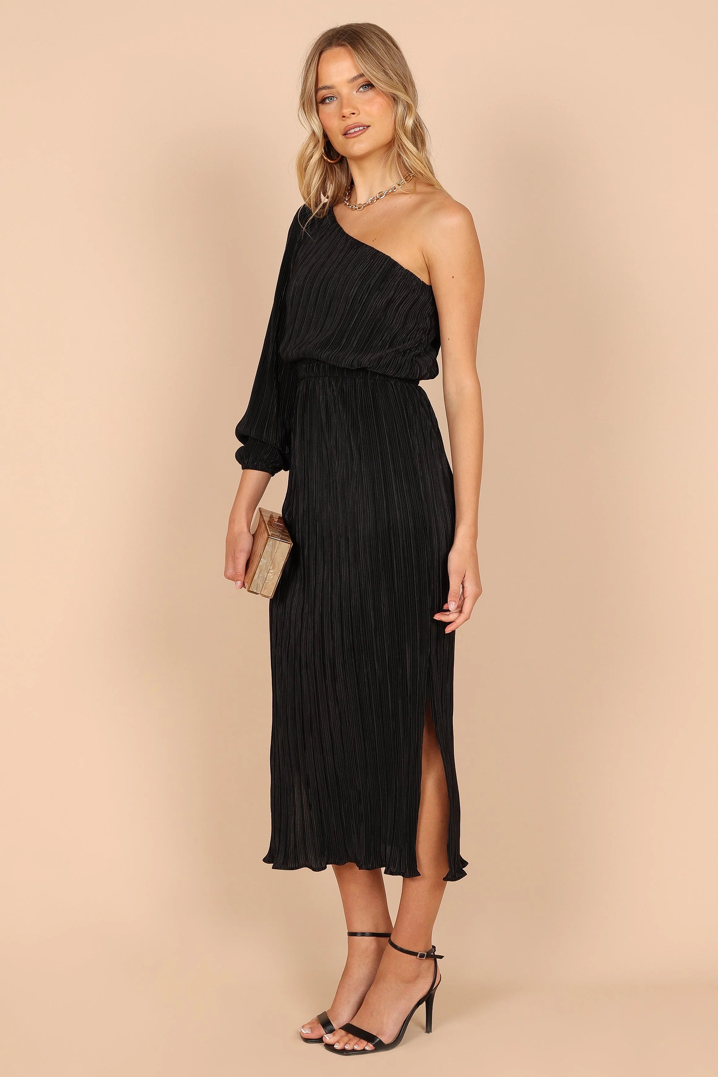 Pontee One Shoulder Pleated Midi Dress - Black