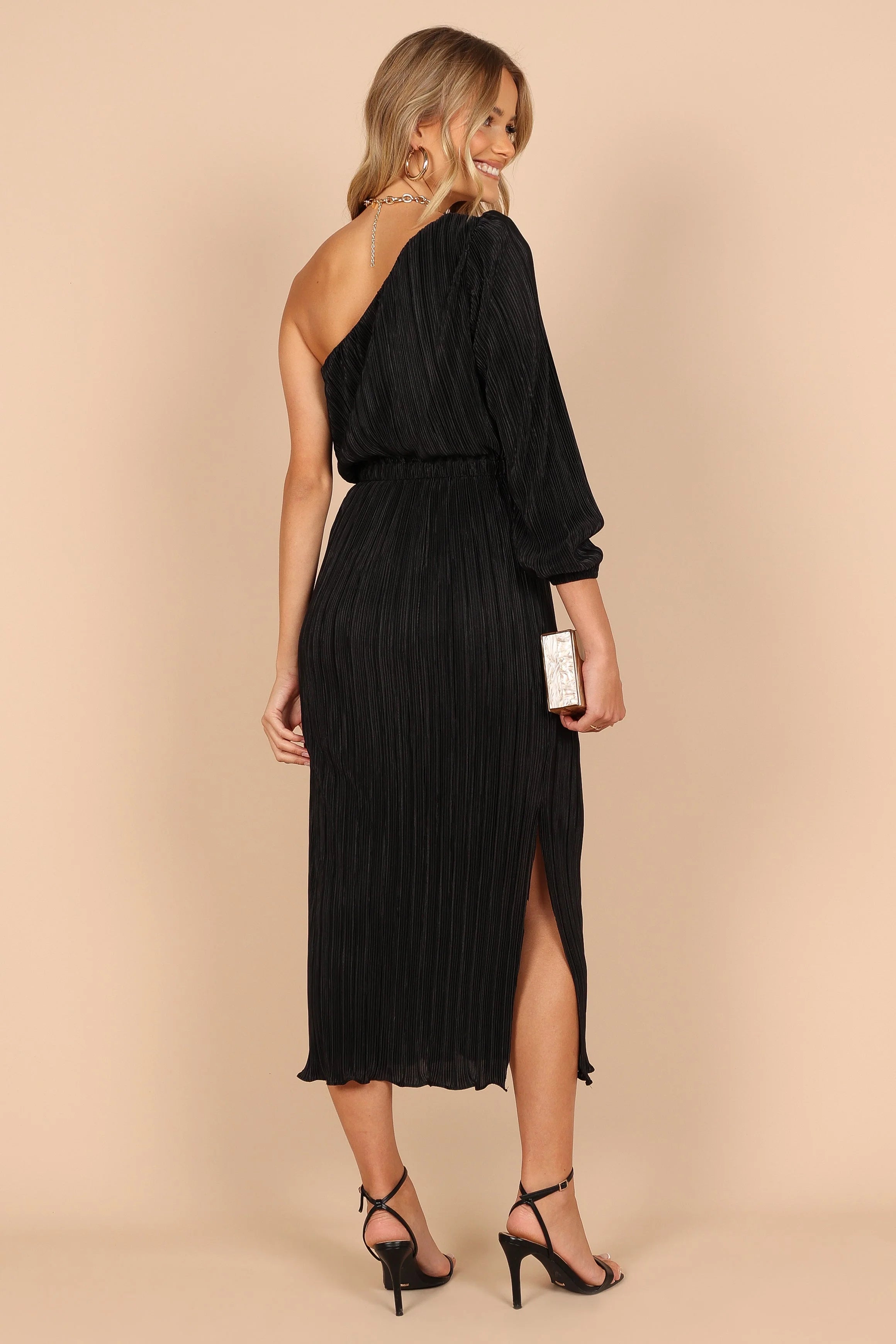 Pontee One Shoulder Pleated Midi Dress - Black