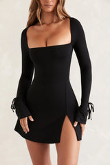 Square Neck Long Sleeve Mini Dress in Black