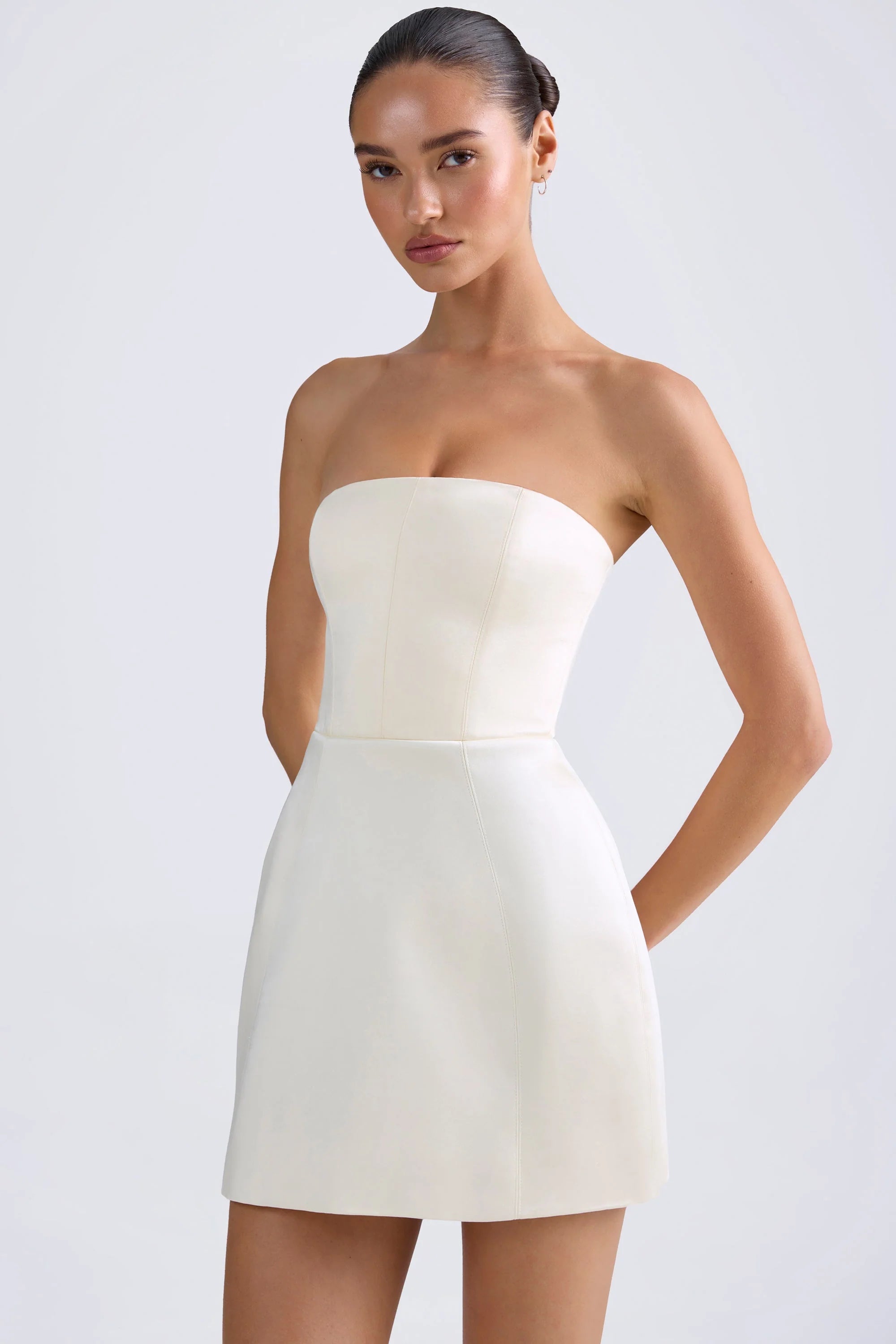 Bandeau Structured Tulip Mini Dress in Ivory