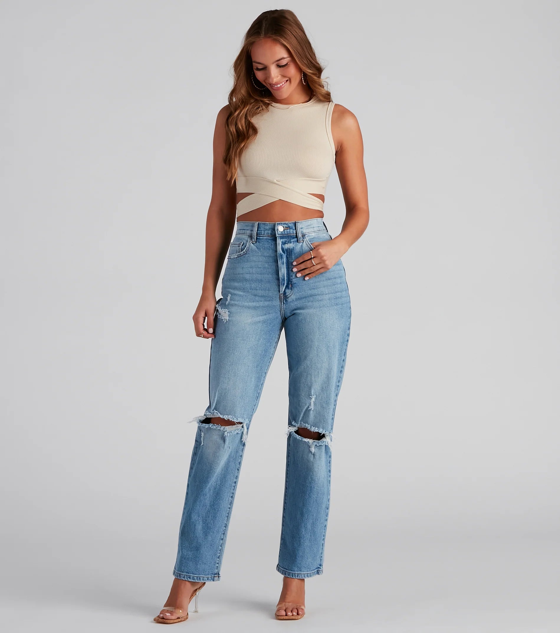 High-Rise Distressed Boyfriend Jeans