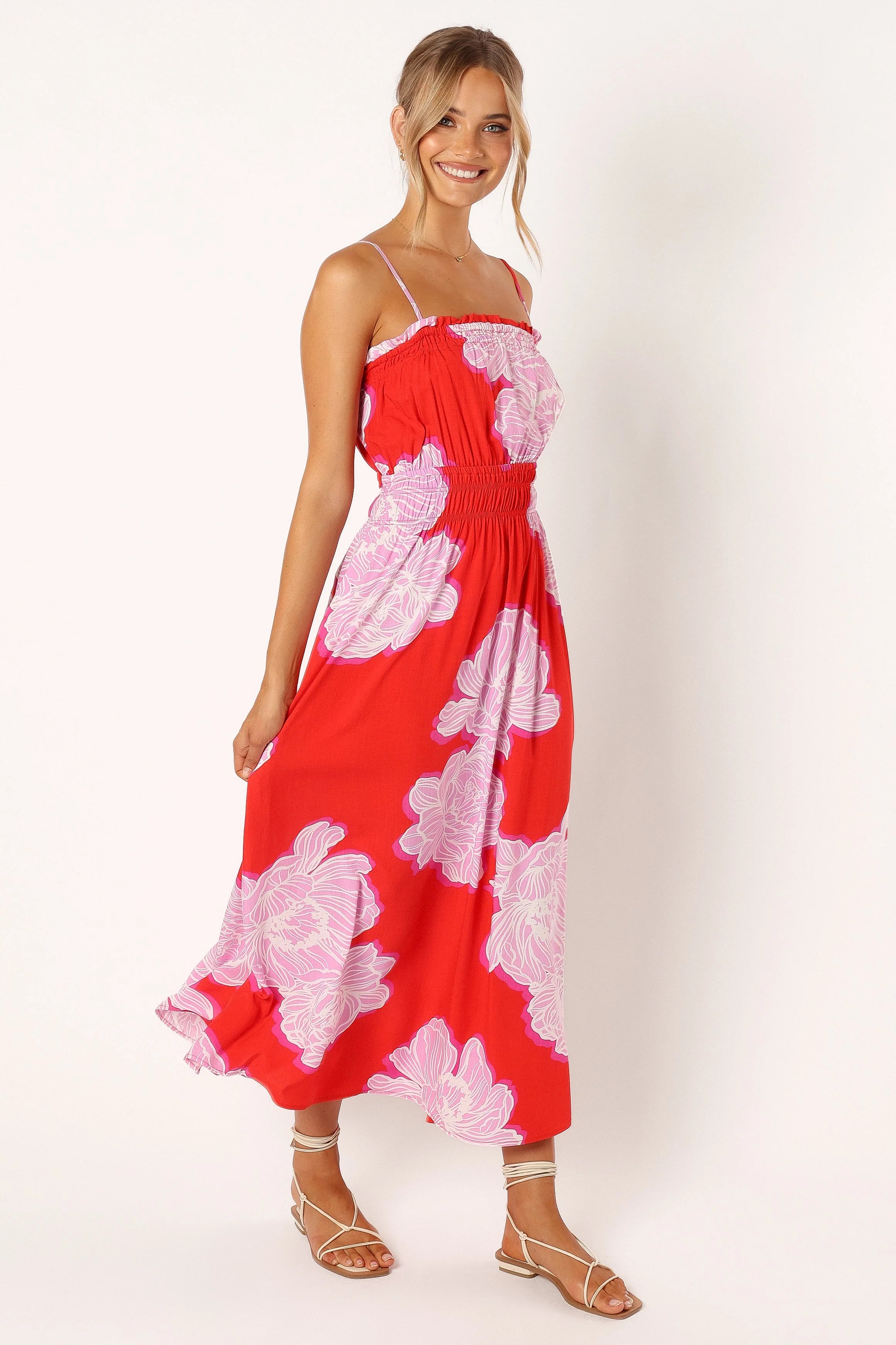 Sybel Midi Dress - Red Pink Floral