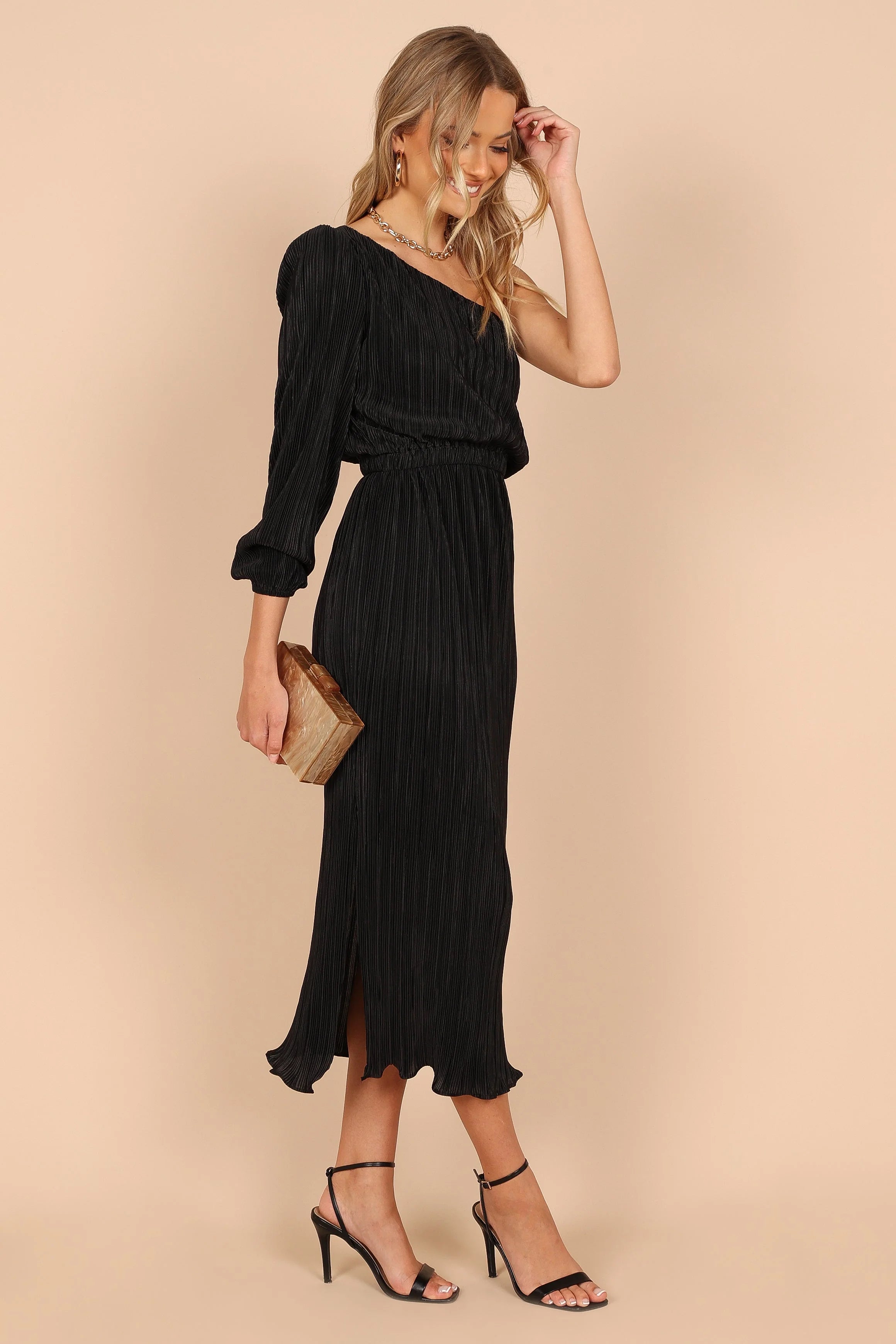 Pontee One Shoulder Pleated Midi Dress - Black