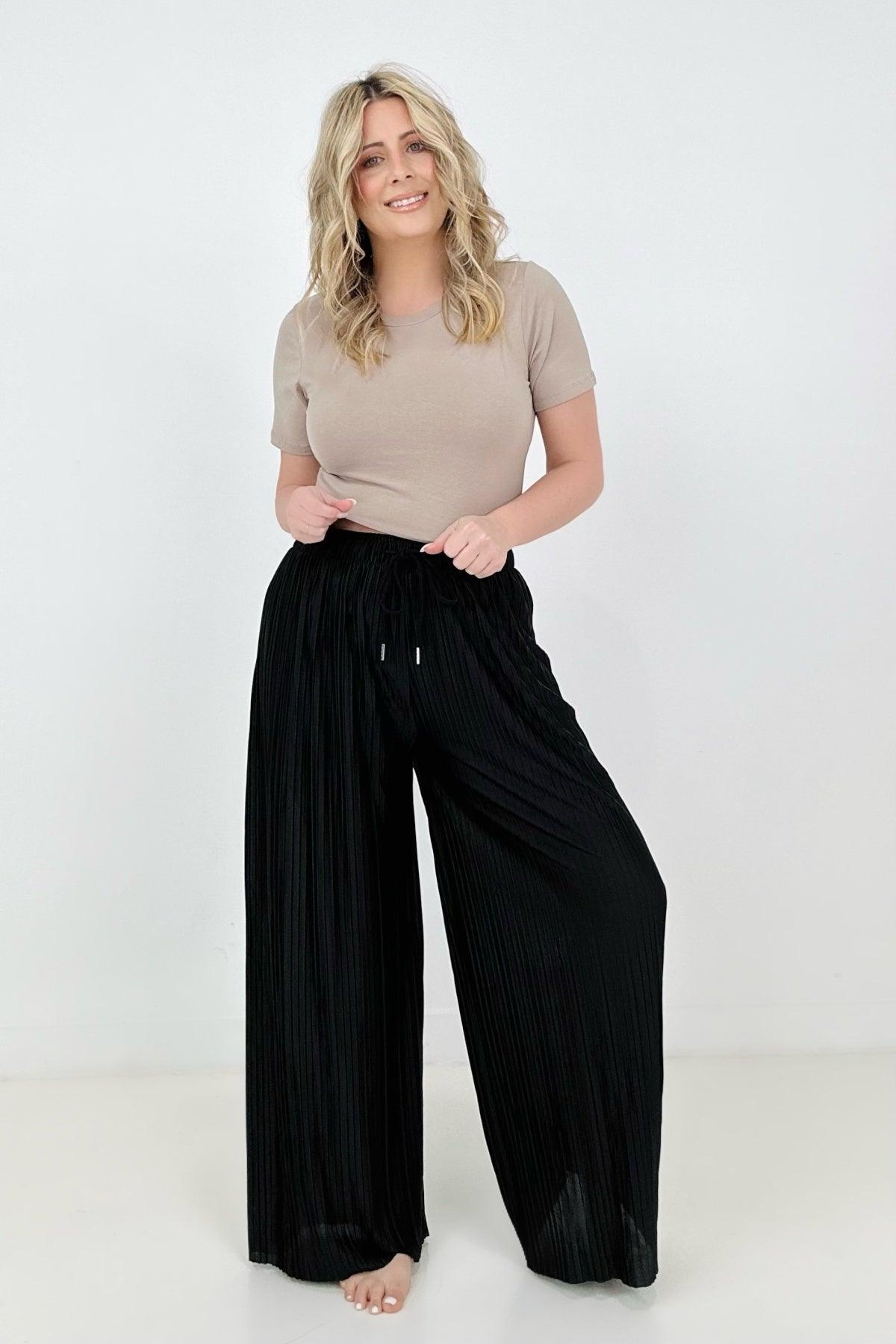 Woven Pleated Wide Leg Pants With Lining