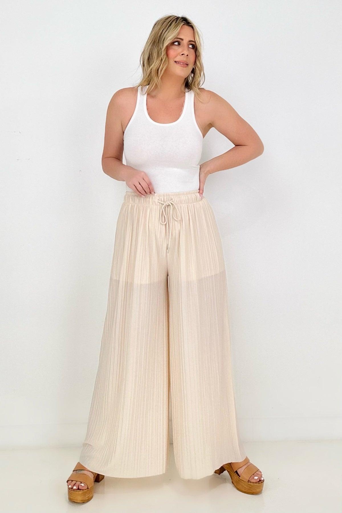 Woven Pleated Wide Leg Pants With Lining