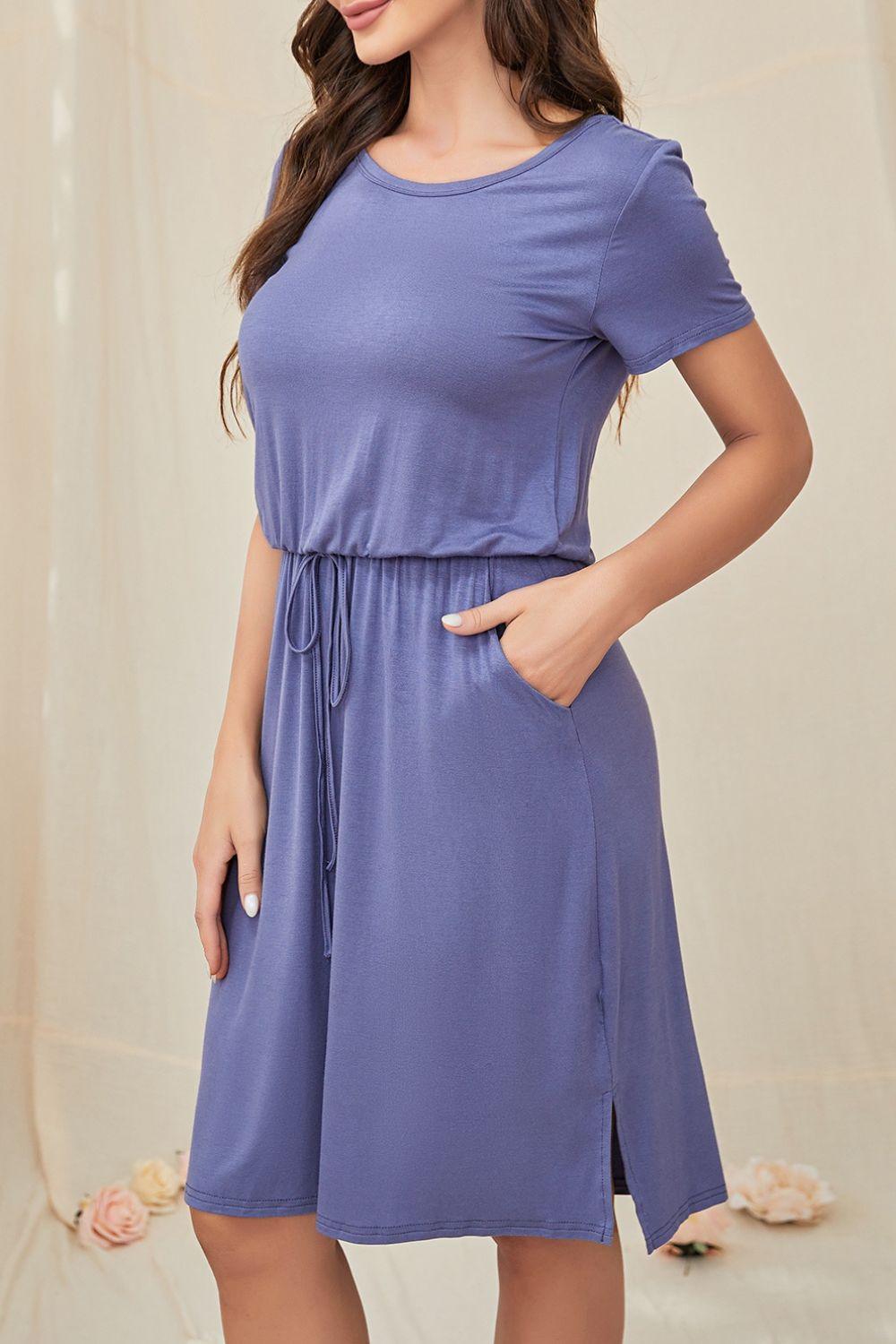 Round Neck Short Sleeve Slit Dress with Pockets