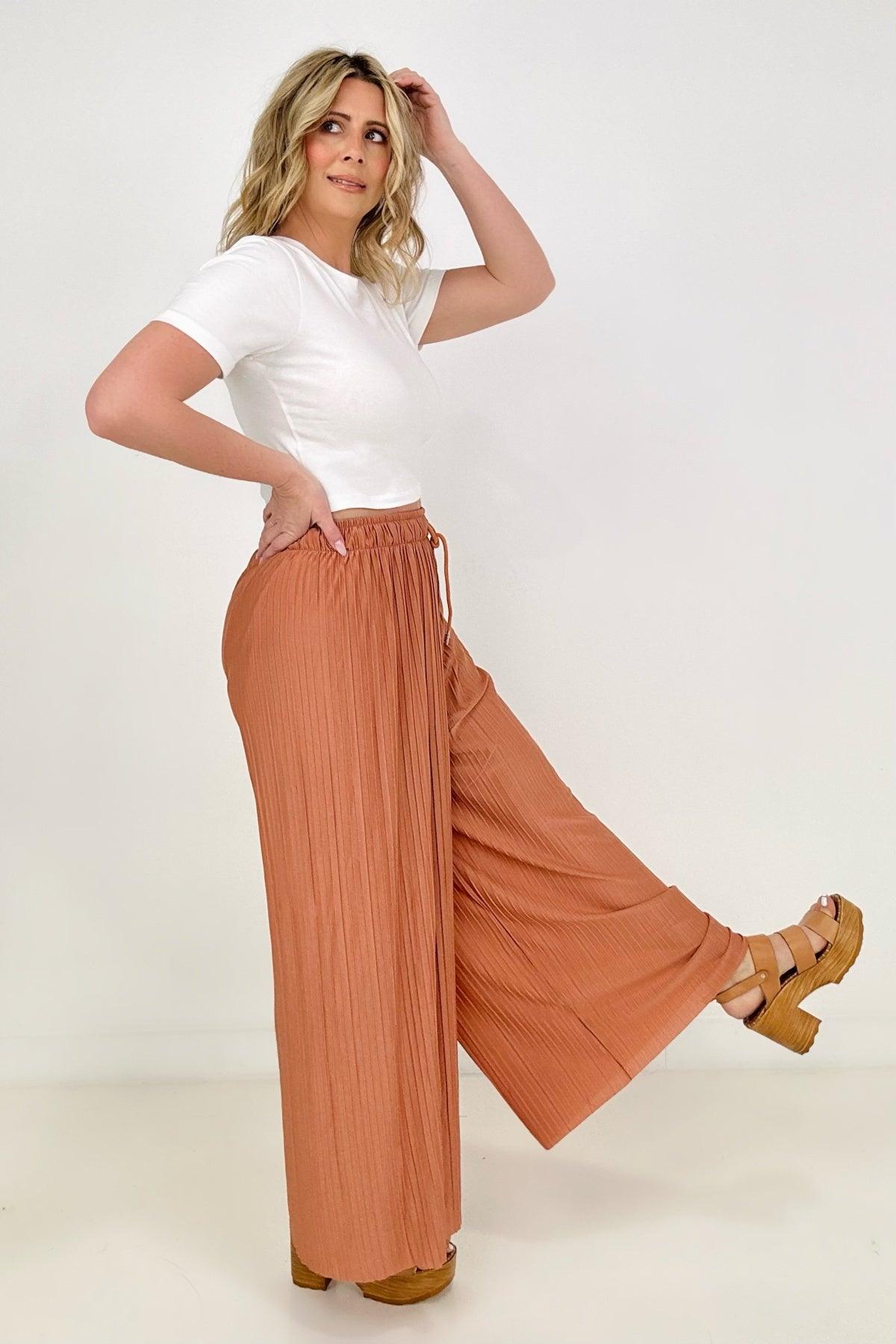 Woven Pleated Wide Leg Pants With Lining