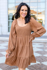 Sweetest Soul Tiered Knee Length Dress In Camel